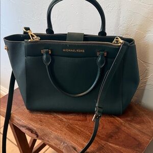 Michael Kors Dark Green Leather Satchel with Gold Hardware